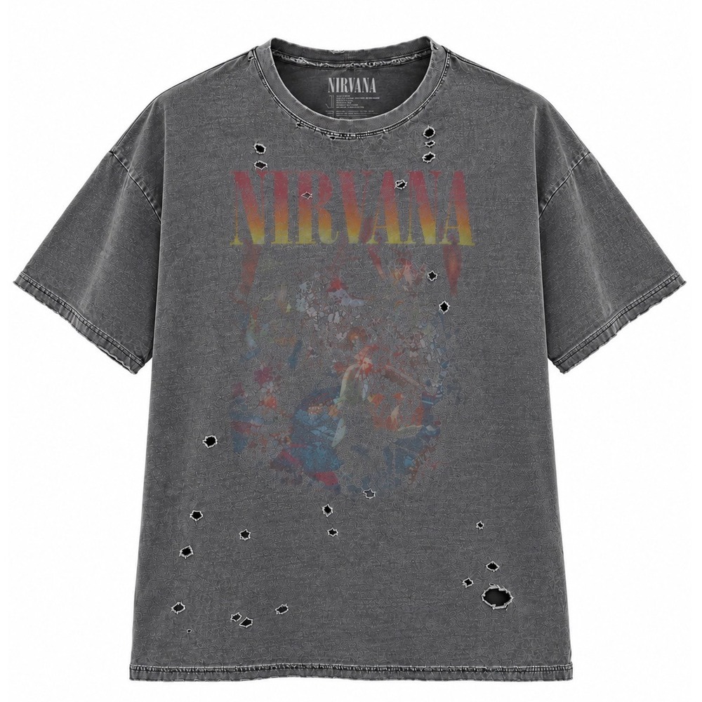 Nirvana Graphic T-Shirt Mens OS Gray Distressed Acid Wash Grunge Band Tee